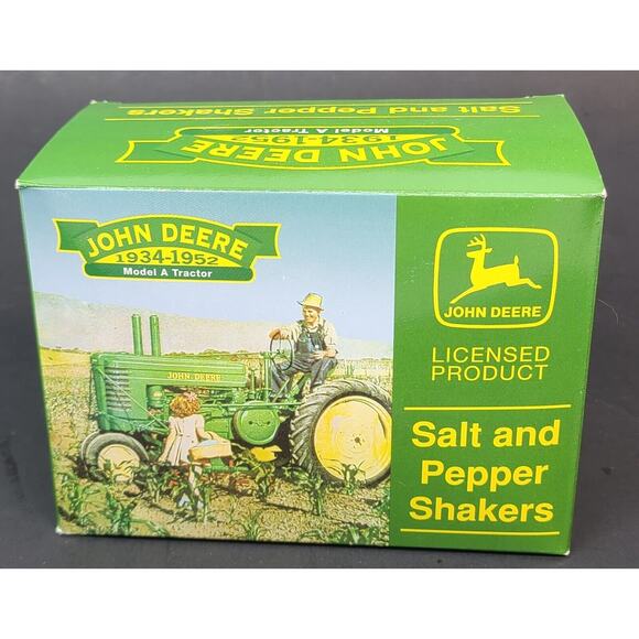 John Deere Salt & Pepper Shakers Set Model A Tractor Corn Field Farmer Country - Picture 1 of 5